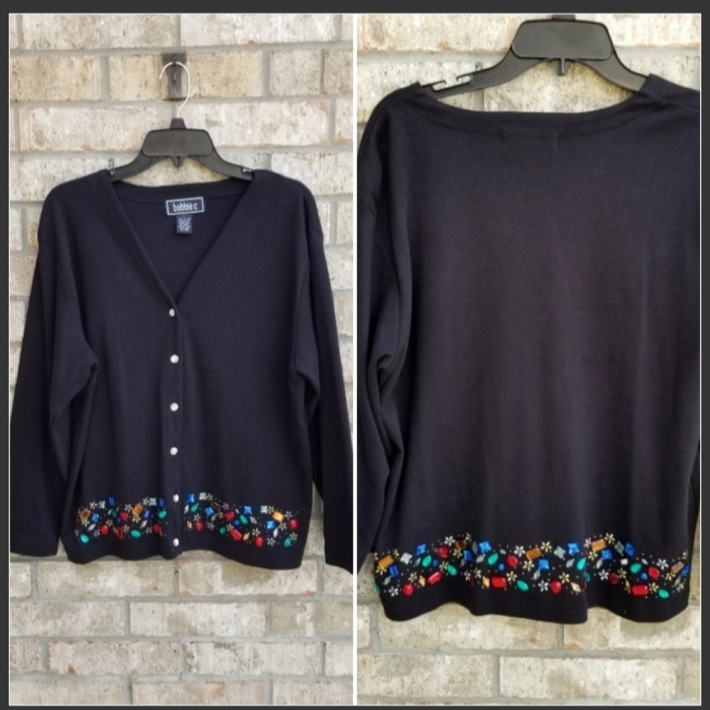 Bobbie C BLACK Christmas Holiday Cardigan Sweater (Womens L) Rhinestone Gems